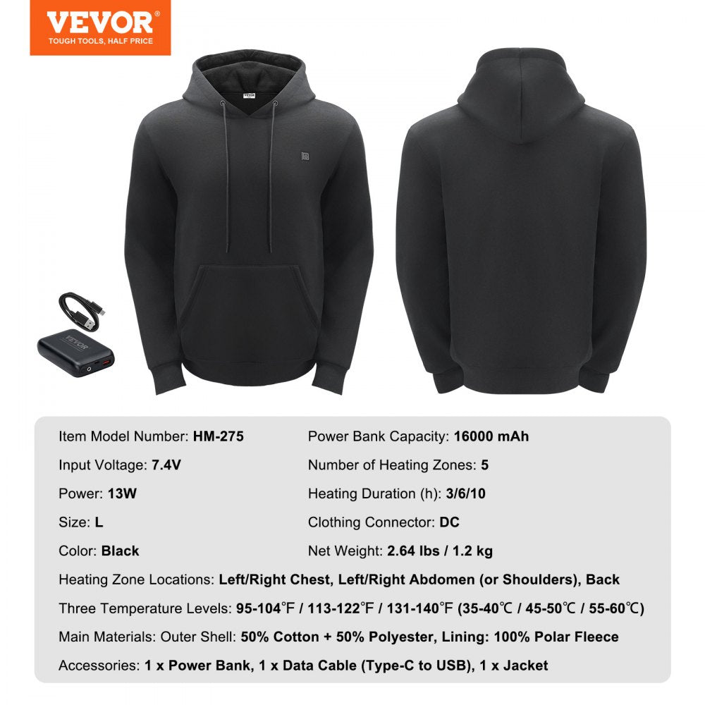 Heated Hoodie Sweatshirt Unisex with Battery for Men & Women L Size Black