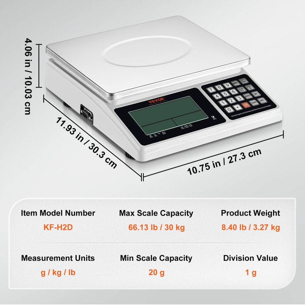 Industrial Counting Scale, 30 kg x 1 g, Digital Scale for Parts and Coins, g/kg/lb Units, Electronic Gram Scale Inventory Counting Scale Kitchen Jewelry Scale with RS232 Port and LCD Screen