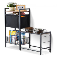 Bostome raised pet feeding station with adjustable height and storage for dog food and toys.