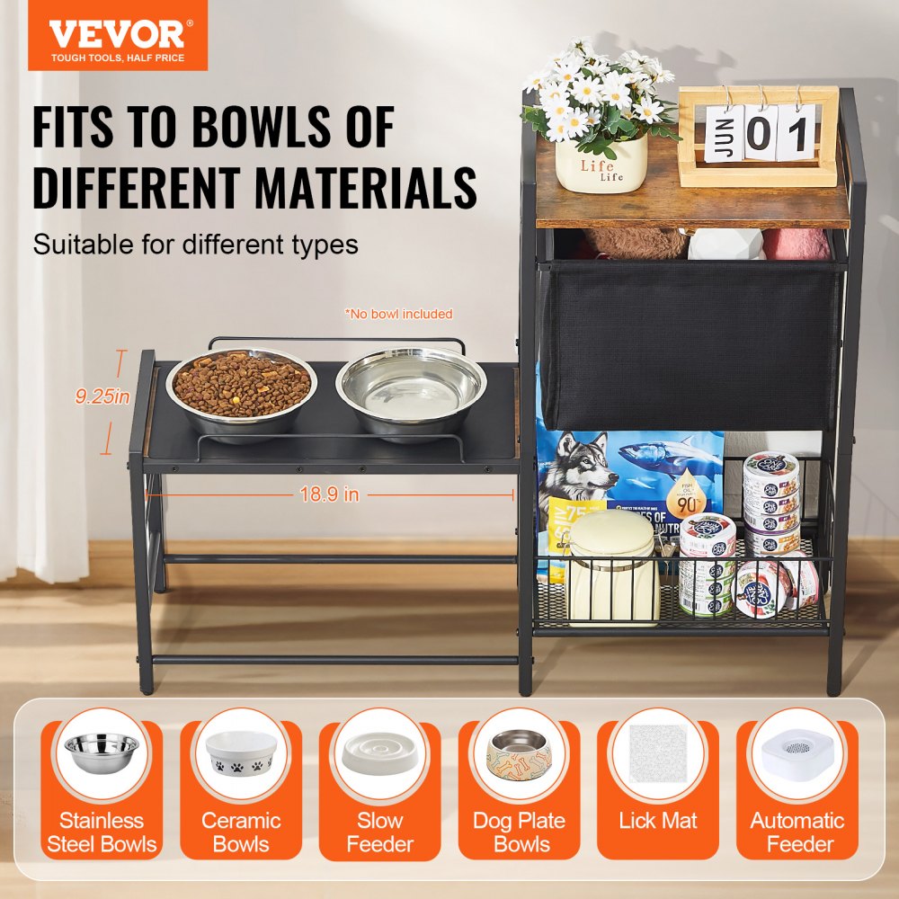 Adjustable height pet feeding station with storage for food and toys in a modern design.