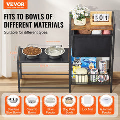 Adjustable height pet feeding station with storage for food and toys in a modern design.