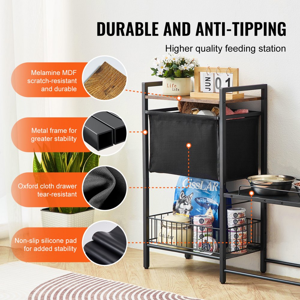 Bostome raised pet feeding station with adjustable height and storage for dog food and toys.