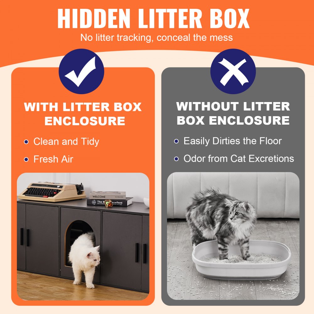 Black wooden cat litter box enclosure with entry hole, showing clean setup versus messy open litter.