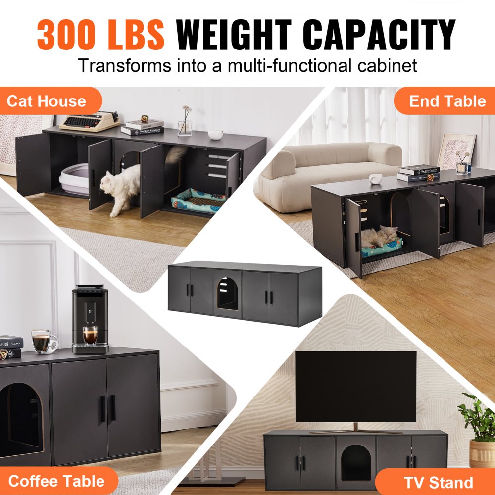 Black wooden cat litter box enclosure with 57.9-inch length, featuring hidden compartments and multi-functional design.