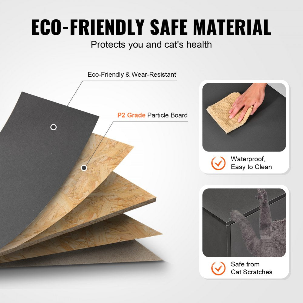 Infographic showing eco-friendly P2-grade particleboard for a black wooden cat litter box enclosure, highlighting wear resistance, waterproofing, easy cleaning, and cat scratch safety.