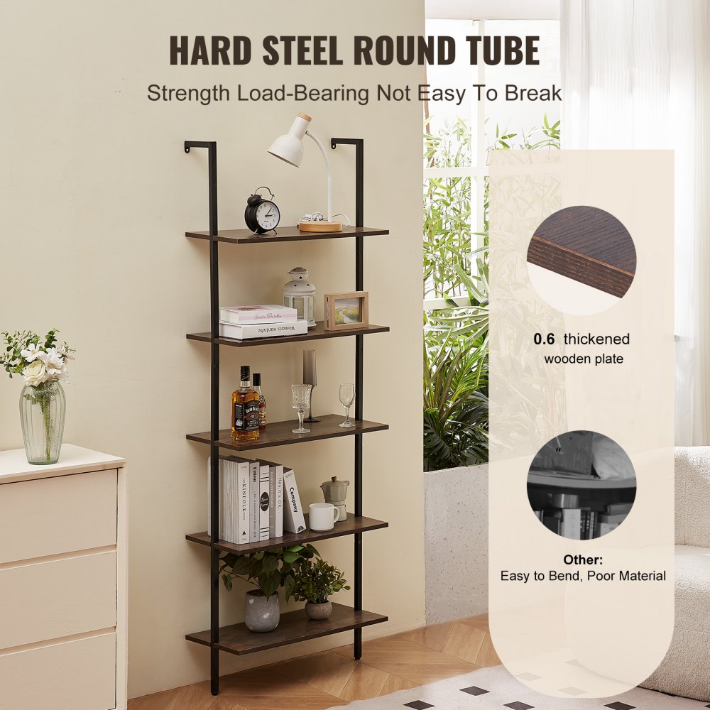 Industrial Square Pipe Shelf 5 Tier 24x11.8in Wall-Mount for Bedroom
