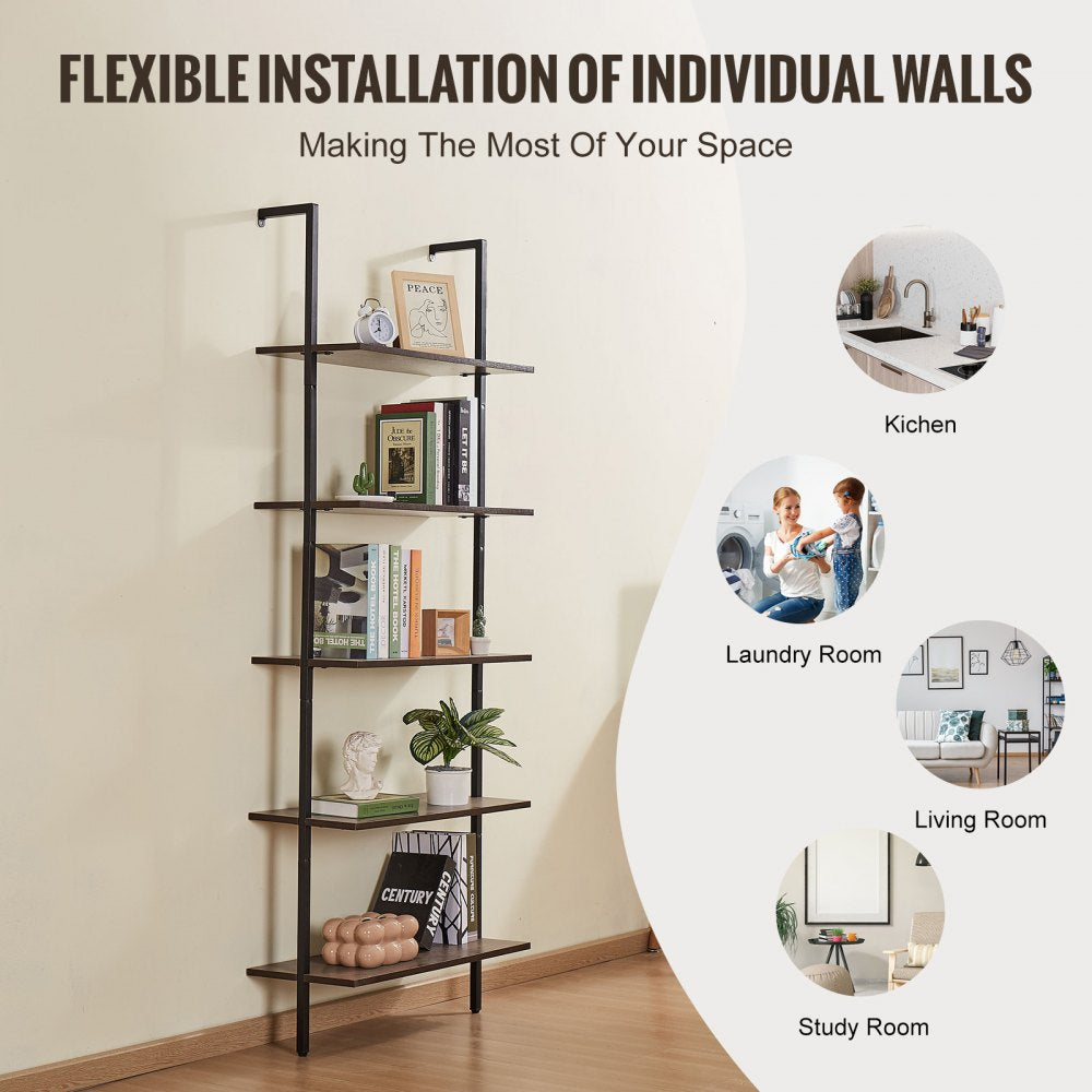 Industrial Square Pipe Shelf 5 Tier 24x11.8in Wall-Mount for Bedroom