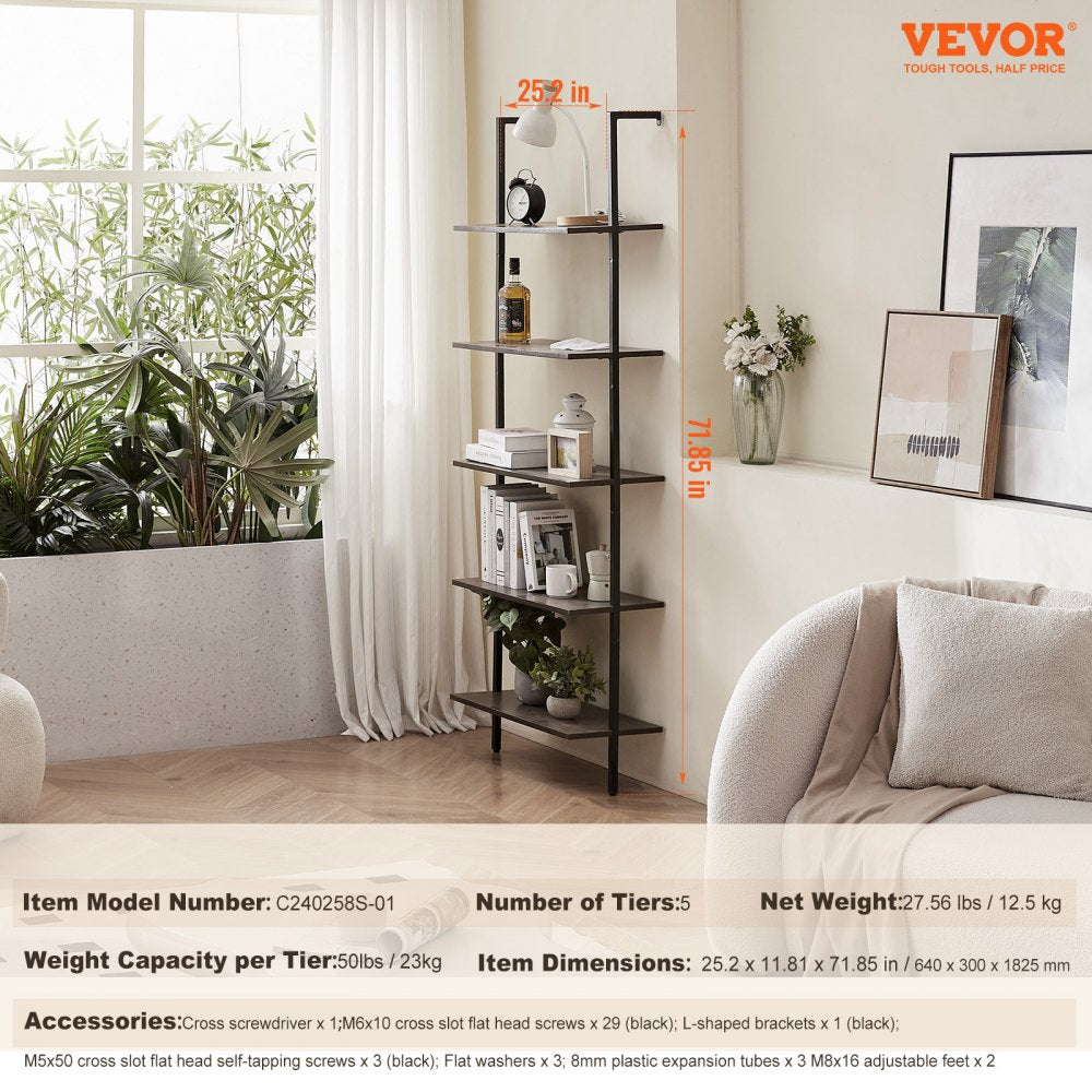 Industrial Square Pipe Shelf 5 Tier 24x11.8in Wall-Mount for Bedroom