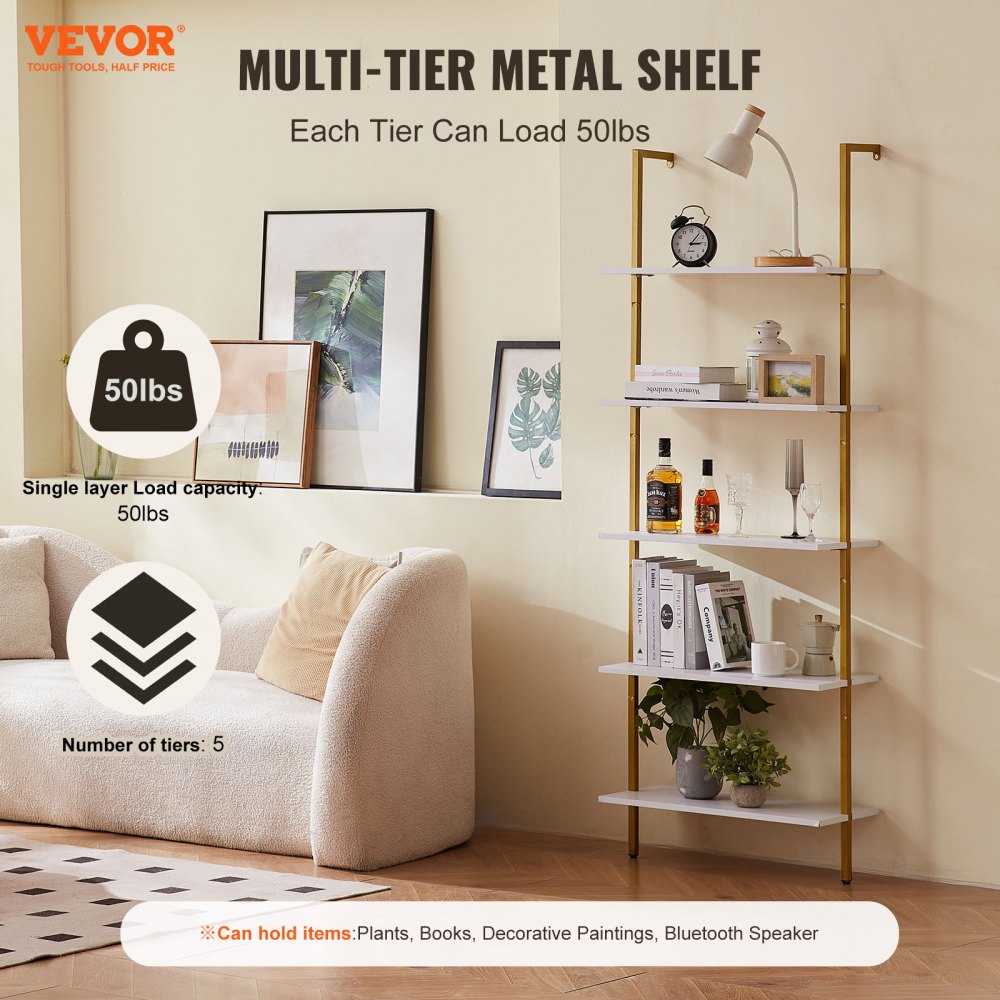 Industrial Square Pipe Shelf 5 Tier 24x11.8in Wall-Mount Gold White