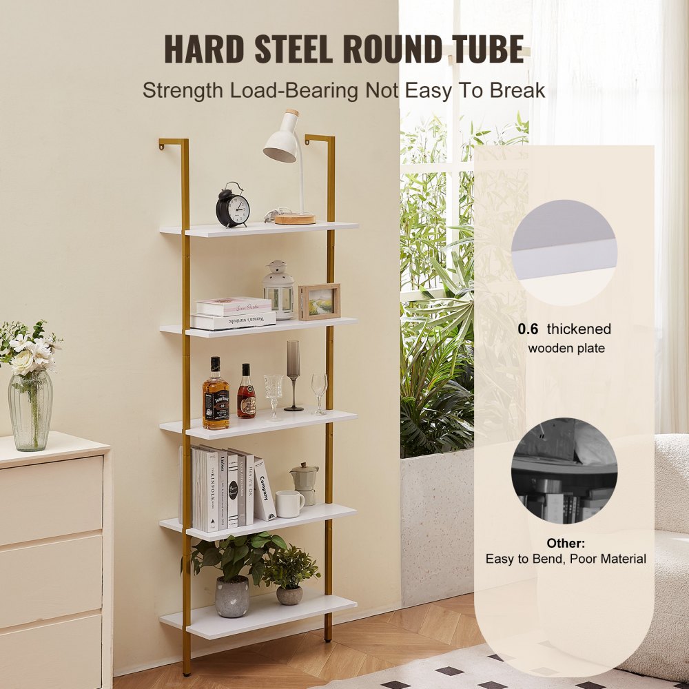 Industrial Square Pipe Shelf 5 Tier 24x11.8in Wall-Mount Gold White