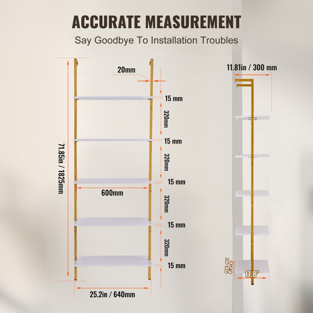 Industrial Square Pipe Shelf 5 Tier 24x11.8in Wall-Mount Gold White