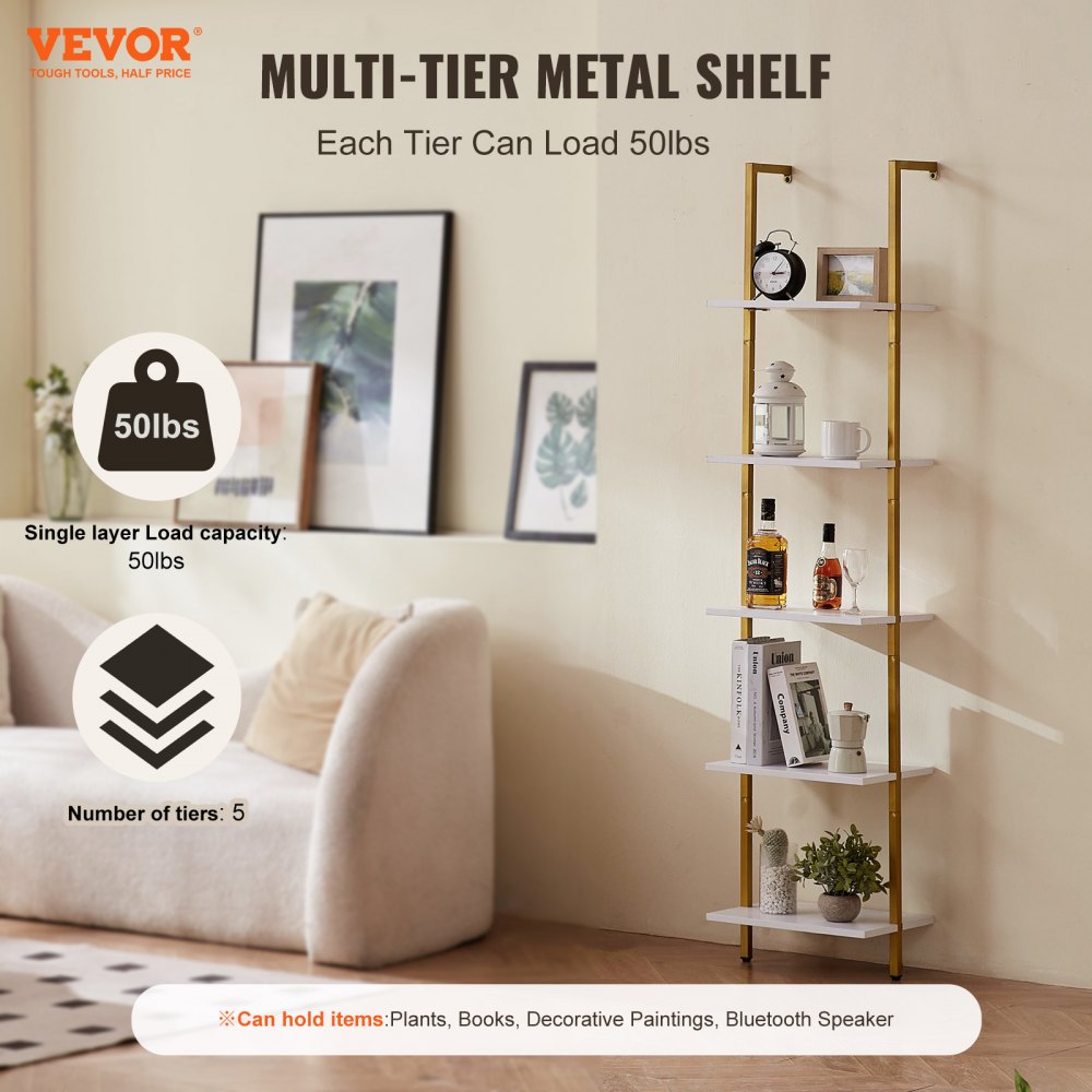 Industrial Square Pipe Shelf 5 Tier 15.6x11.8in Wall-Mount Gold White