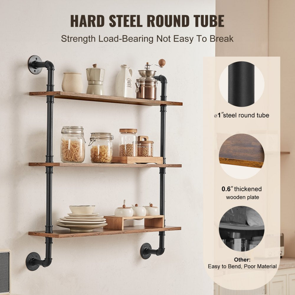 Industrial Pipe Shelf 3 Tier 32x7.87in Wall-Mount for Kitchen Bedroom