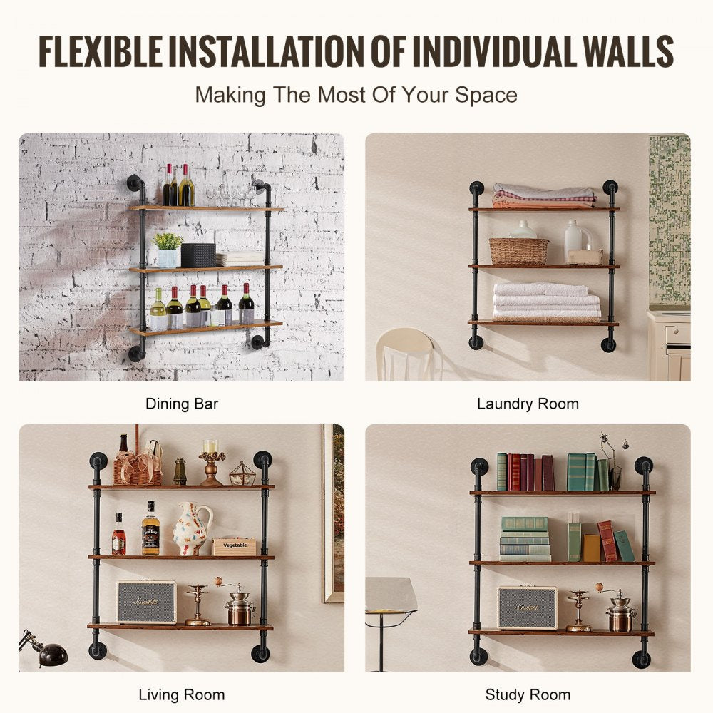 Industrial Pipe Shelf 3 Tier 32x7.87in Wall-Mount for Kitchen Bedroom