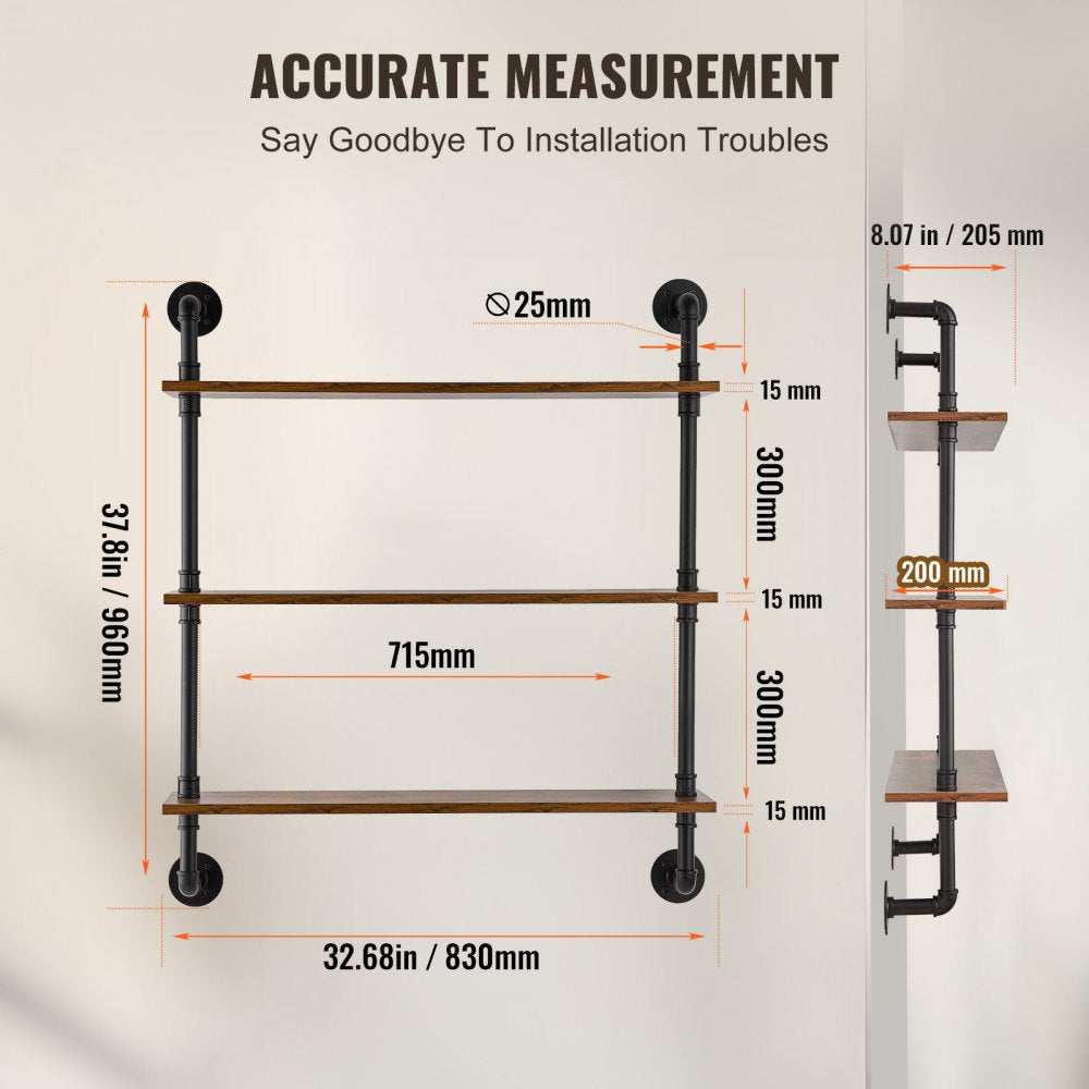 Industrial Pipe Shelf 3 Tier 32x7.87in Wall-Mount for Kitchen Bedroom