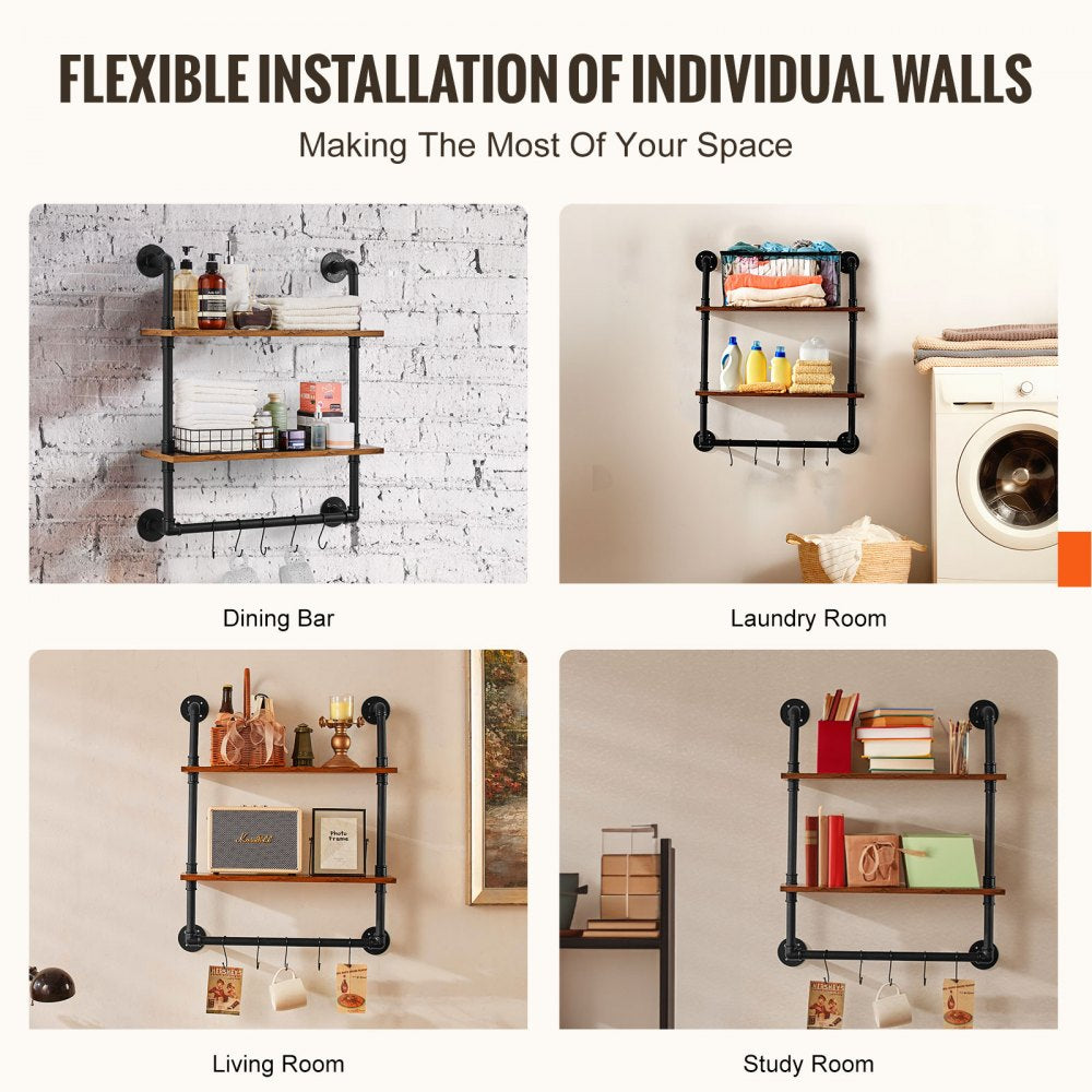 Industrial Pipe Shelf 2 Tier 24x7.87in Wall-Mount for Kitchen Bedroom