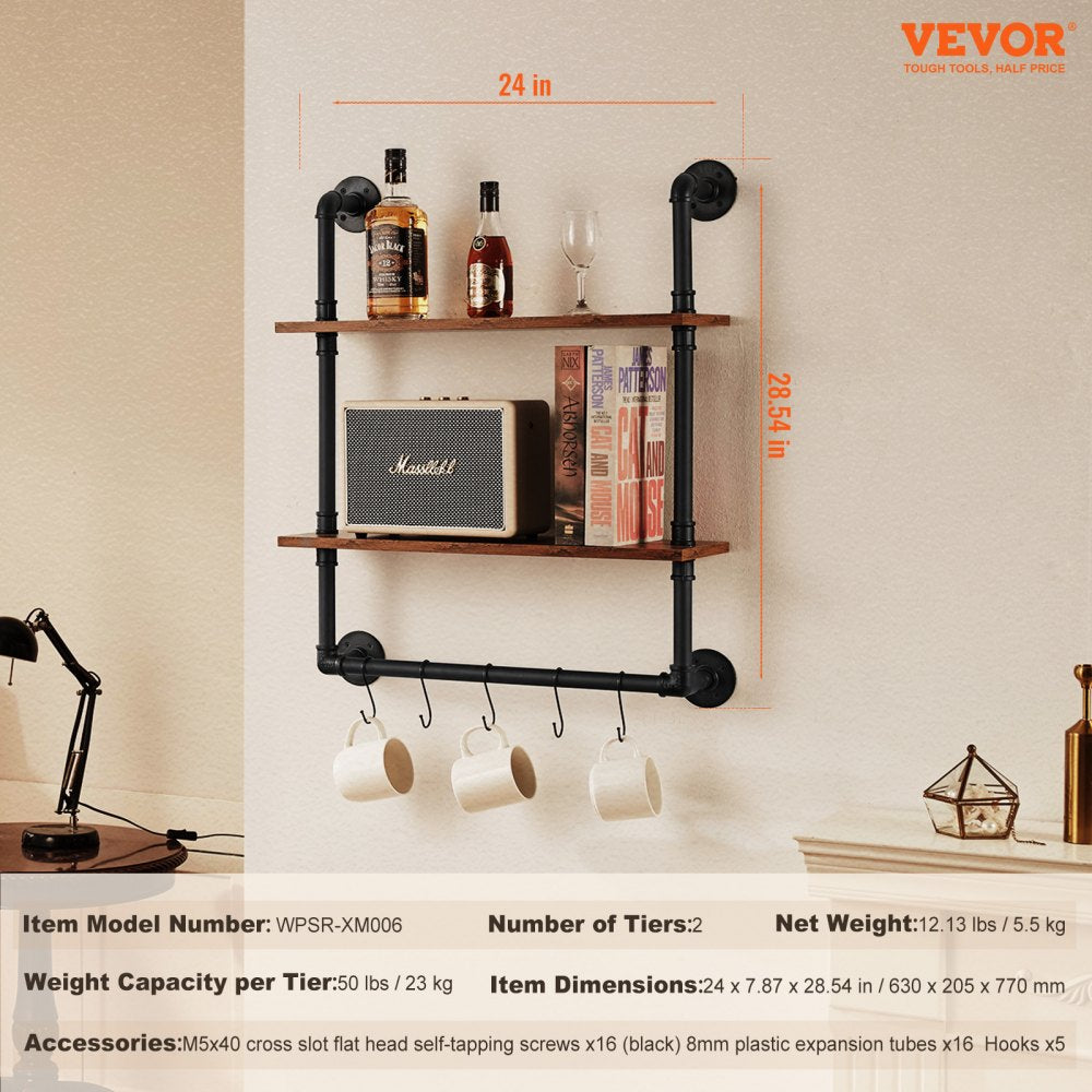 Industrial Pipe Shelf 2 Tier 24x7.87in Wall-Mount for Kitchen Bedroom