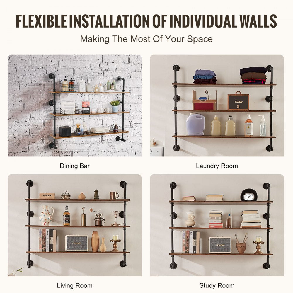 Industrial Pipe Shelf 3 Tier 48x9.84in Wall-Mount for Kitchen Bedroom