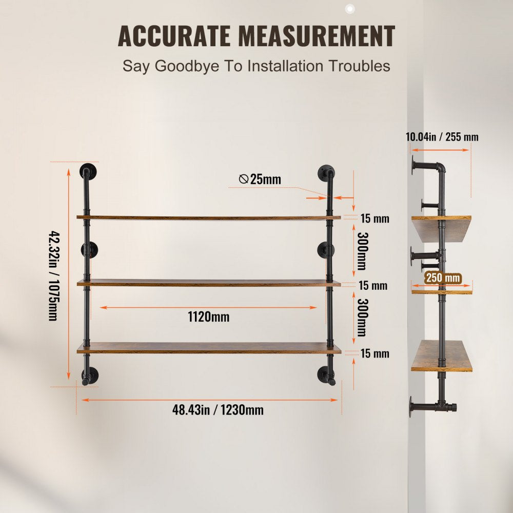 Industrial Pipe Shelf 3 Tier 48x9.84in Wall-Mount for Kitchen Bedroom