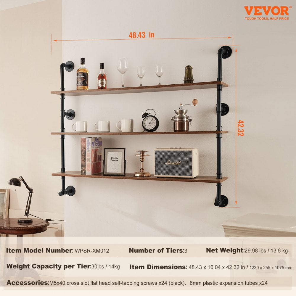 Industrial Pipe Shelf 3 Tier 48x9.84in Wall-Mount for Kitchen Bedroom
