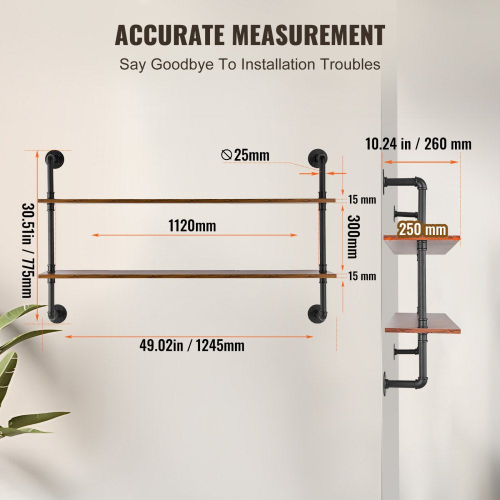 Industrial Pipe Shelf 2 Tier 48x 9.84in Wall-Mount for Kitchen Bedroom