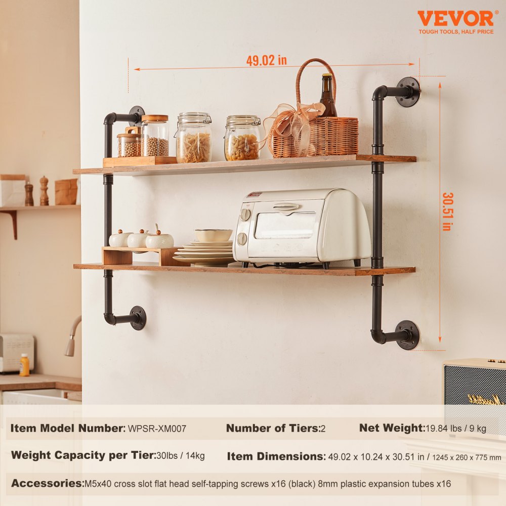 Industrial Pipe Shelf 2 Tier 48x 9.84in Wall-Mount for Kitchen Bedroom