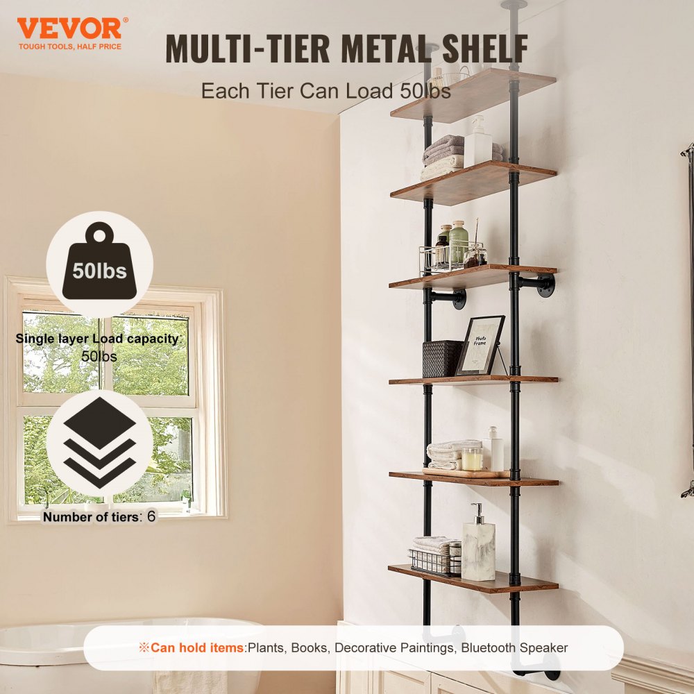 Industrial Pipe Shelf 6 Tier 24x9.84in Wall-Mount for Kitchen Bedroom