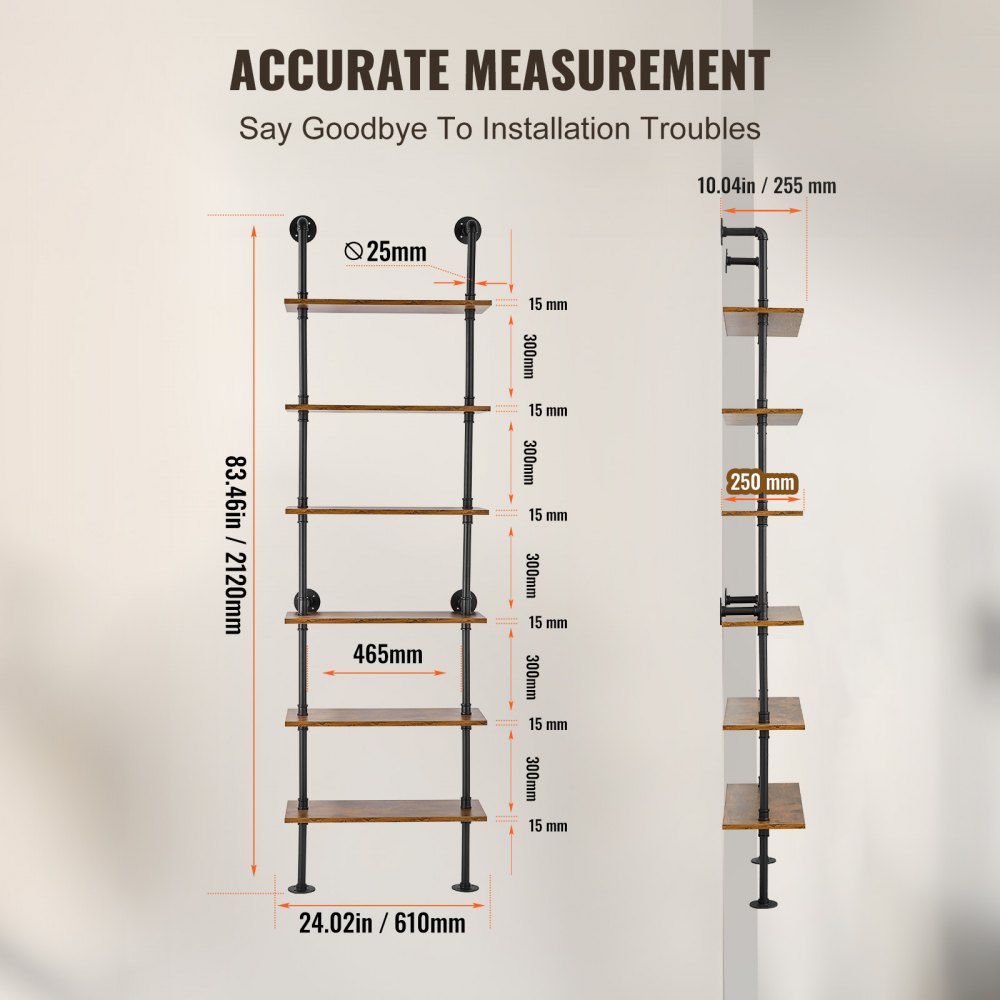 Industrial Pipe Shelf 6 Tier 24x9.84in Wall-Mount for Kitchen Bedroom