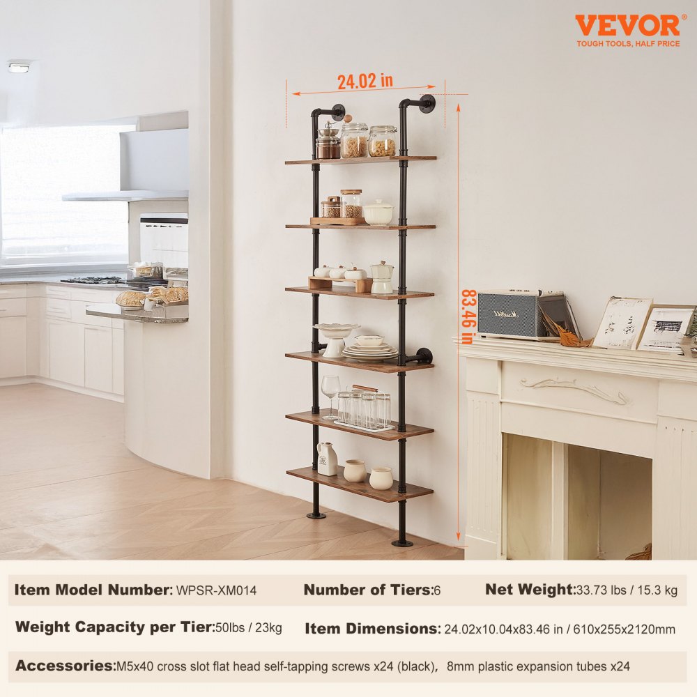 Industrial Pipe Shelf 6 Tier 24x9.84in Wall-Mount for Kitchen Bedroom