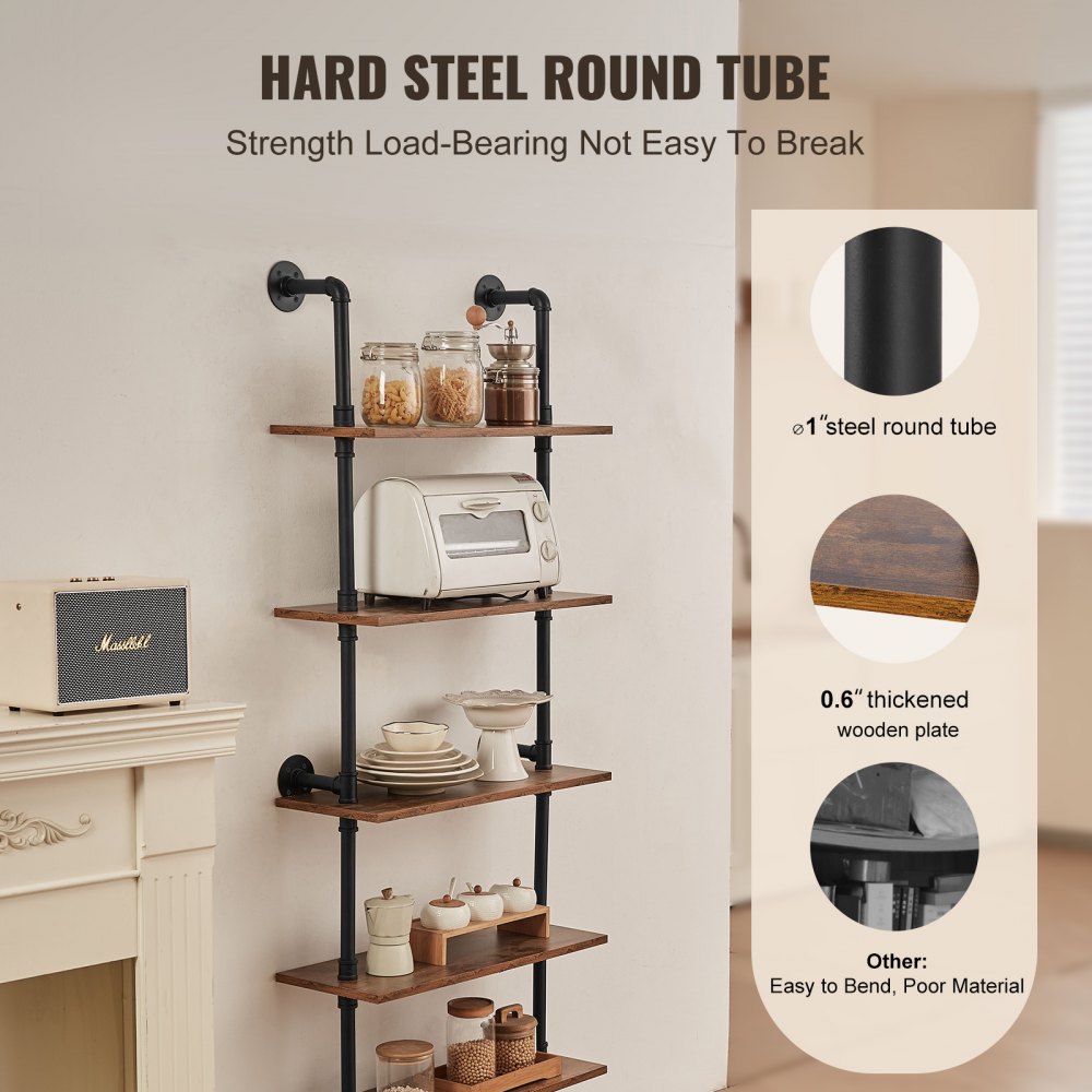 Industrial Pipe Shelf 5 Tier 24x9.84in Wall-Mount for Kitchen Bedroom