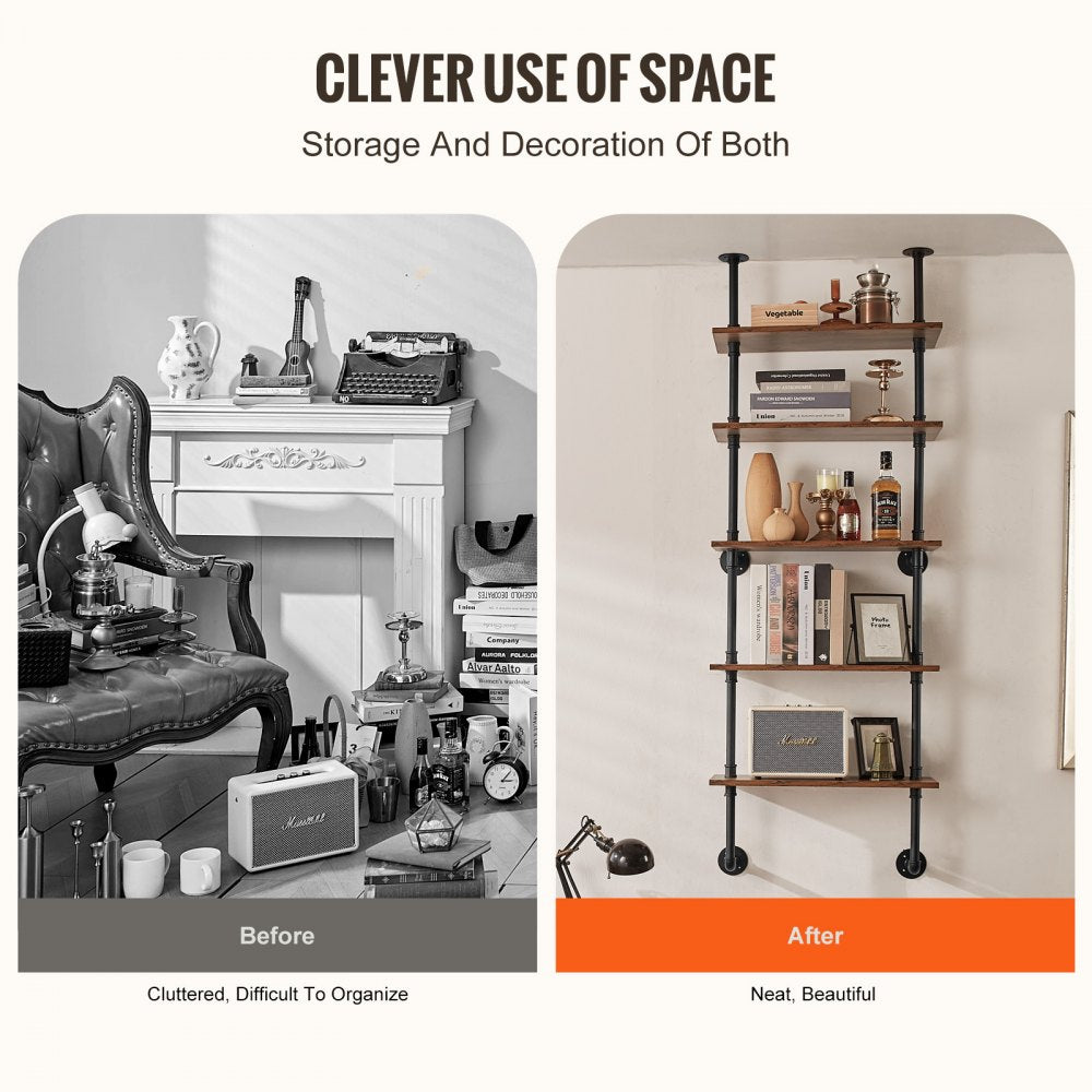 Industrial Pipe Shelf 5 Tier 24x9.84in Wall-Mount for Kitchen Bedroom
