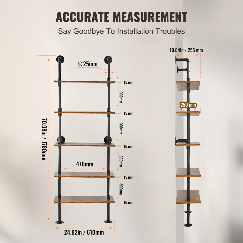 Industrial Pipe Shelf 5 Tier 24x9.84in Wall-Mount for Kitchen Bedroom