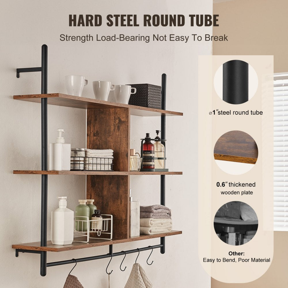 Industrial Pipe Shelf 3 Tier 41.5x9.84in Wall-Mount for Kitchen Bedroom