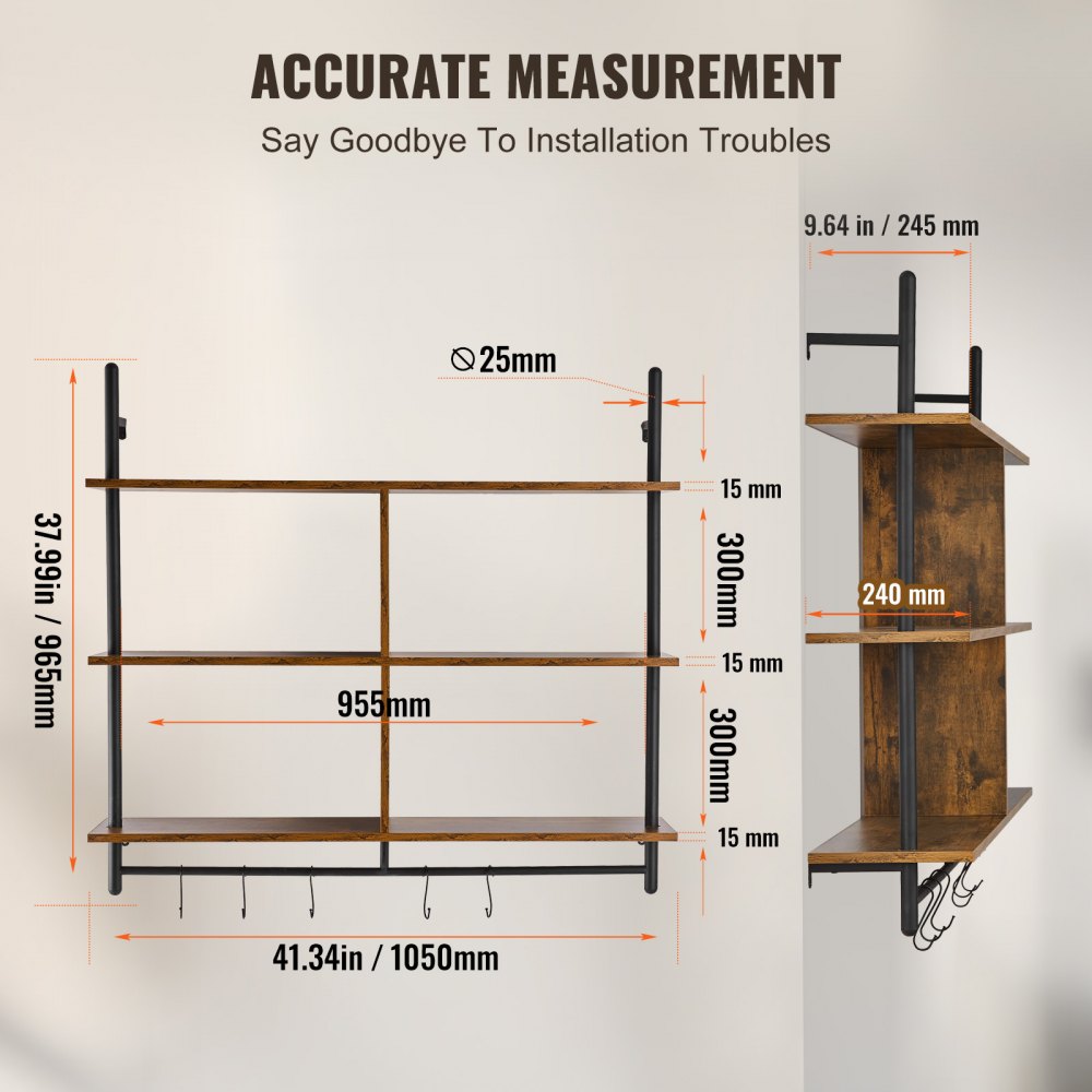 Industrial Pipe Shelf 3 Tier 41.5x9.84in Wall-Mount for Kitchen Bedroom