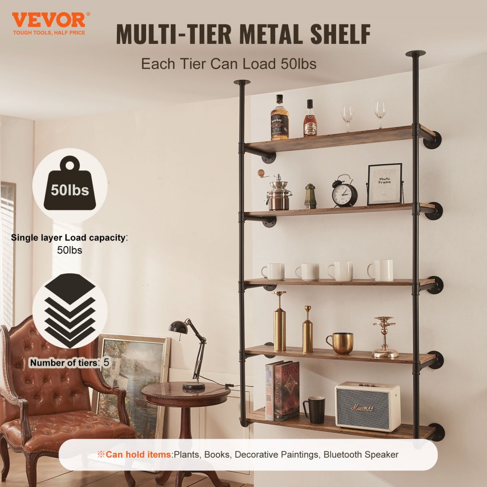 Industrial Pipe Shelf 5 Tier 2PCS 9.84in W Wall-Mount Planks NOT Included