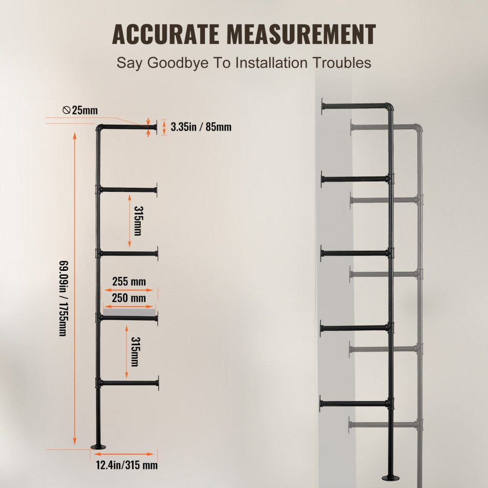 Industrial Pipe Shelf 5 Tier 2PCS 9.84in W Wall-Mount Planks NOT Included