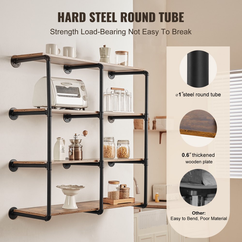 Industrial Pipe Shelf 4 Tier 3PCS 11.8in W Wall-Mount Planks NOT Included