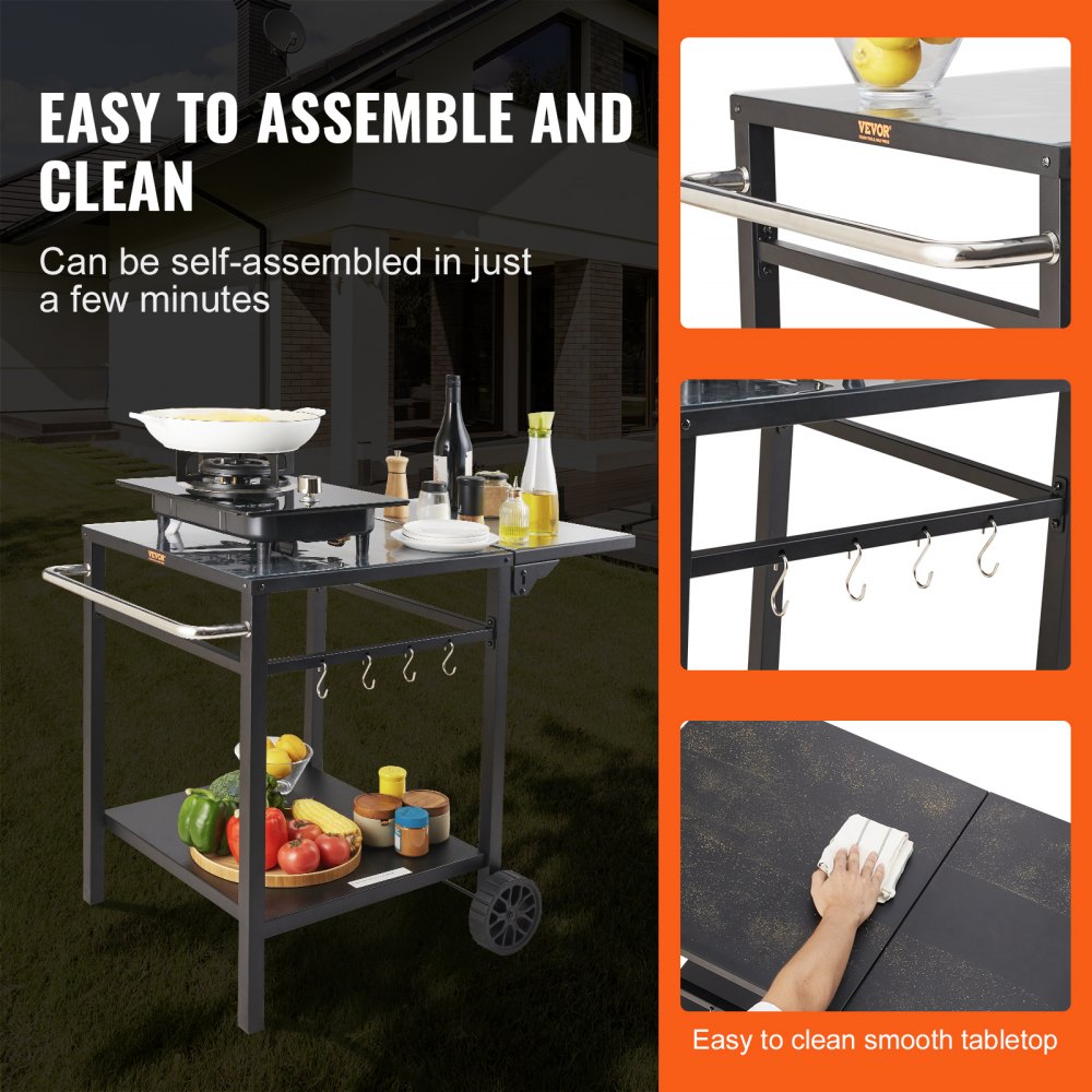 Outdoor Grill Dining Cart with Double-Shelf, BBQ Movable Food Prep Table, Multifunctional Foldable Iron Table Top, Portable Modular Carts for Pizza Oven, Worktable with 2 Wheels, Carry Handle