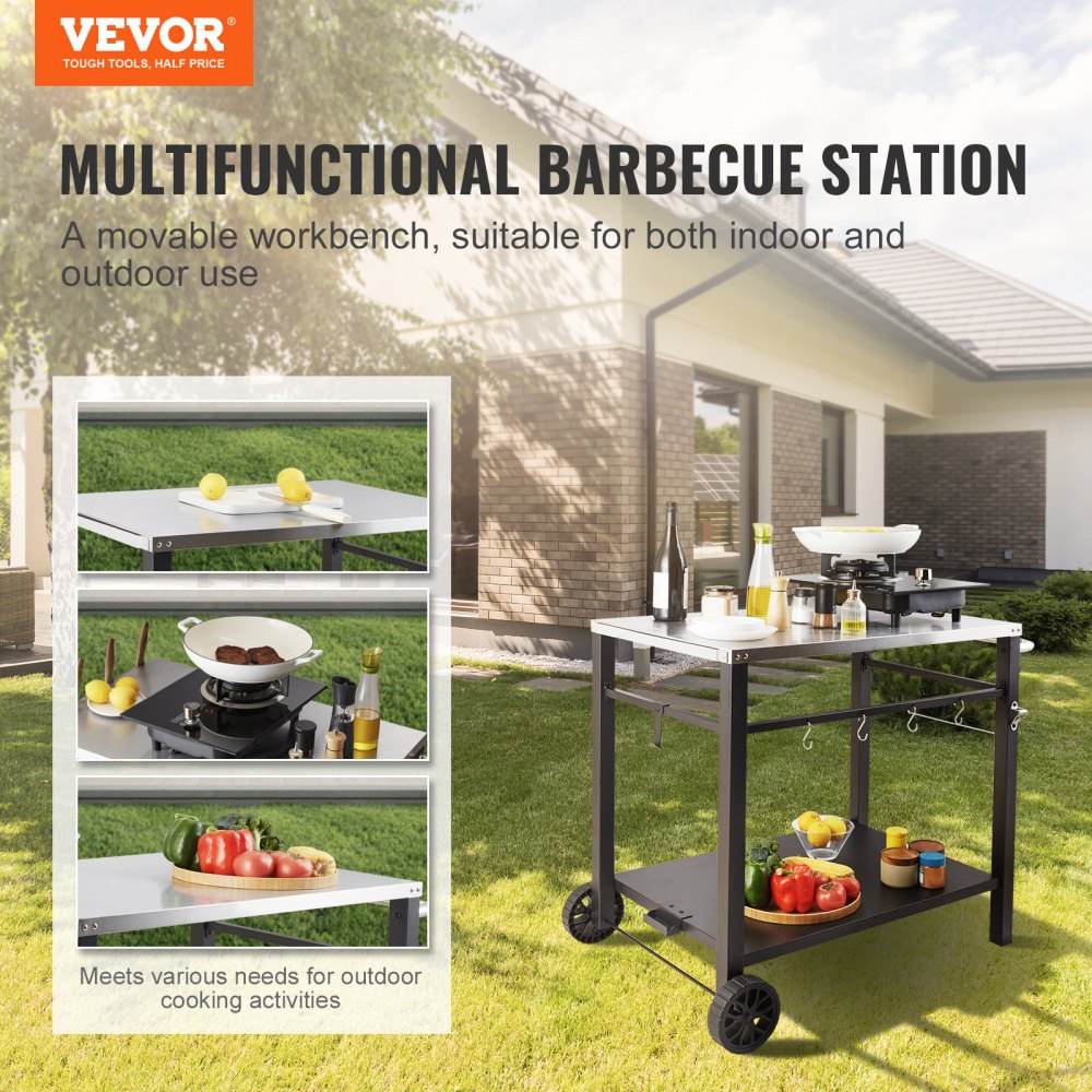 Outdoor Grill Dining Cart with Double-Shelf, BBQ Movable Food Prep Table, Multifunctional Stainless Steel Table Top, Portable Modular Carts for Pizza Oven, Worktable with 2 Wheels, Carry Handle