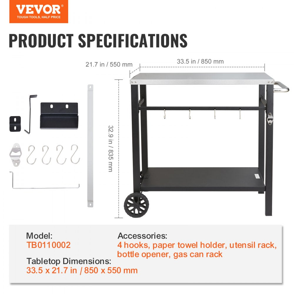 Outdoor Grill Dining Cart with Double-Shelf, BBQ Movable Food Prep Table, Multifunctional Stainless Steel Table Top, Portable Modular Carts for Pizza Oven, Worktable with 2 Wheels, Carry Handle