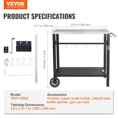Outdoor Grill Dining Cart with Double-Shelf, BBQ Movable Food Prep Table, Multifunctional Stainless Steel Table Top, Portable Modular Carts for Pizza Oven, Worktable with 2 Wheels, Carry Handle