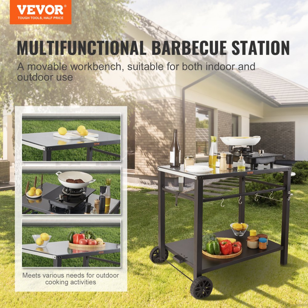 Outdoor Grill Dining Cart with Double-Shelf, BBQ Movable Food Prep Table, Multifunctional Iron Table Top, Portable Modular Carts for Pizza Oven, Worktable with 2 Wheels, Carry Handle, Black