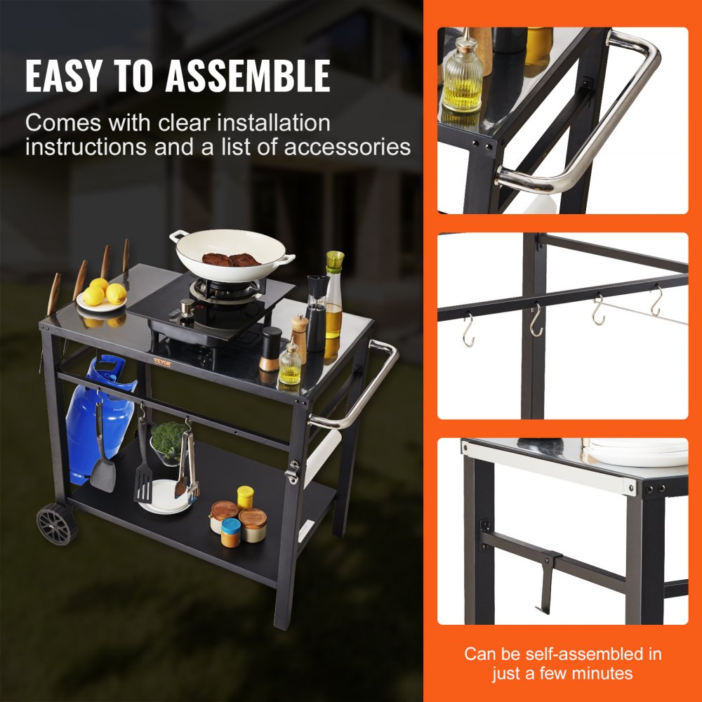 Outdoor Grill Dining Cart with Double-Shelf, BBQ Movable Food Prep Table, Multifunctional Iron Table Top, Portable Modular Carts for Pizza Oven, Worktable with 2 Wheels, Carry Handle, Black