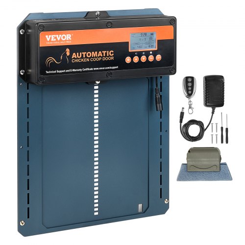 Aluminum automatic chicken coop door with timer, light sensor, LCD display, and remote control.