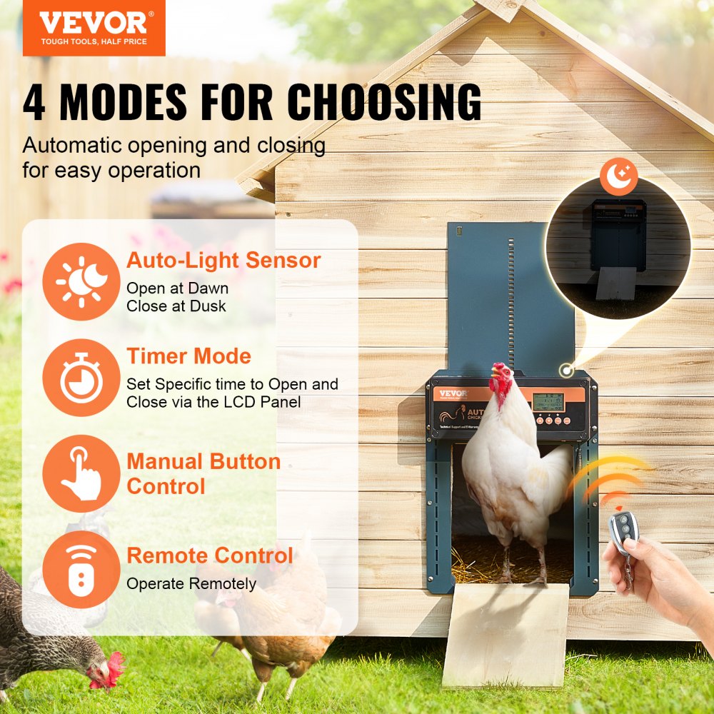 Automatic aluminum chicken coop door with timer, light sensor, manual, and remote control modes.