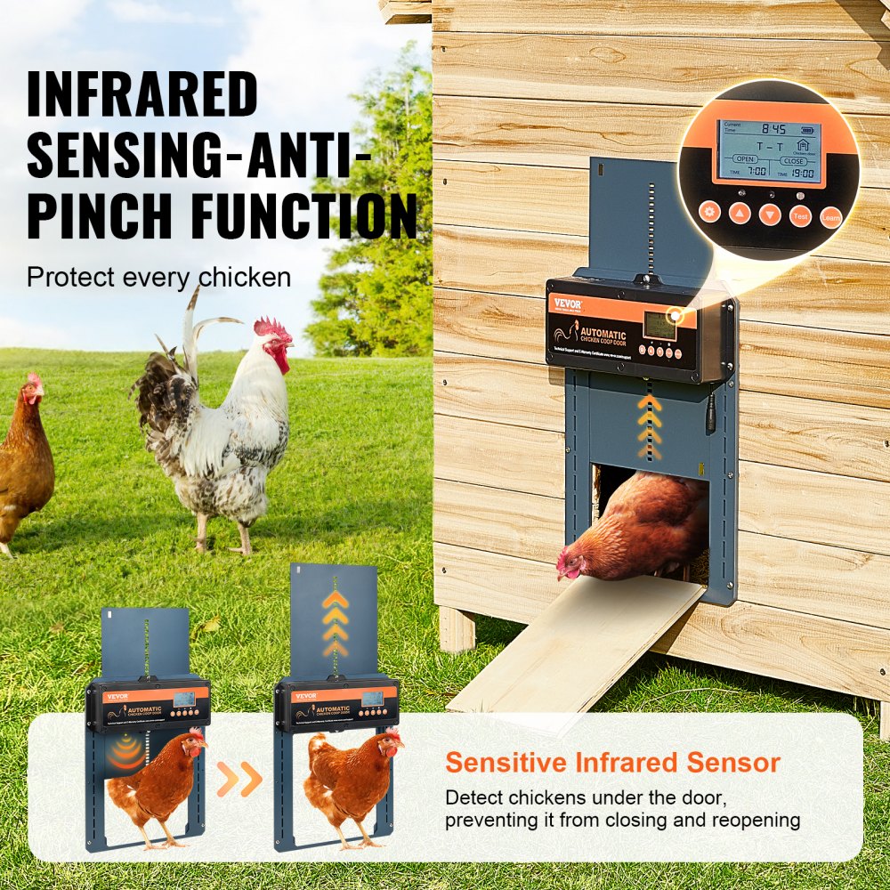 Automatic aluminum chicken coop door with timer, light sensor, and anti-pinch infrared function.