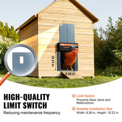 Automatic aluminum chicken coop door with timer, light sensor, and safety limit switch shown installed.