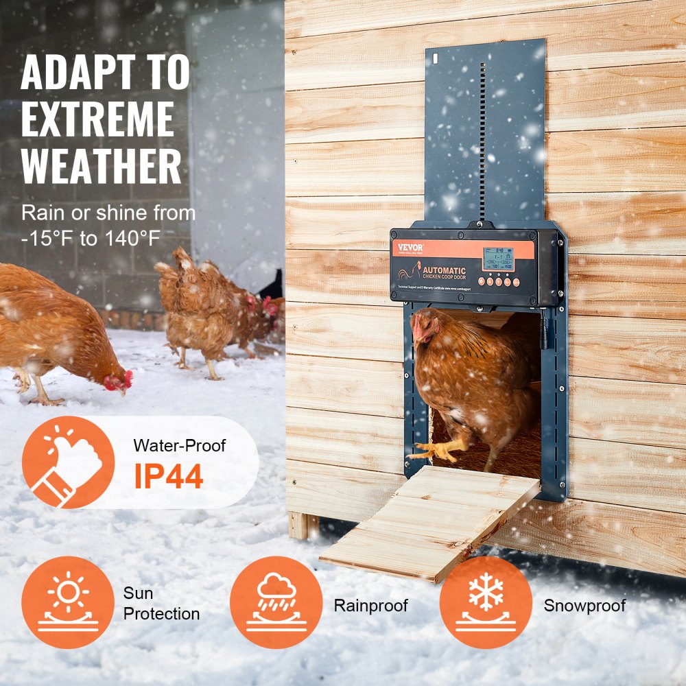 Automatic aluminum chicken coop door with timer, light sensor, and safety features installed on coop.