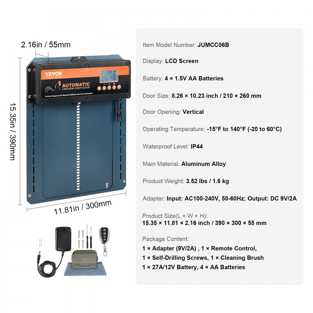 Bostome automatic aluminum chicken coop door with LCD screen, remote, and power adapter.