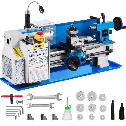 Blue 7x12 mini metal lathe with variable speed, chuck, and tool accessories.